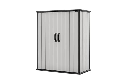 Keter Premier Tall 4.6 x 5.6 ft. Resin Outdoor Storage Shed with Shelving Brackets for Patio Furniture, Pool Accessories, and Bikes, Grey & Black