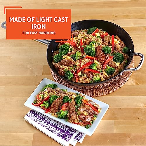 Imusa LCI-19008 Light Cast Iron Wok Pre-Seasoned Non-Stick with Stainless Steel Handles, 14