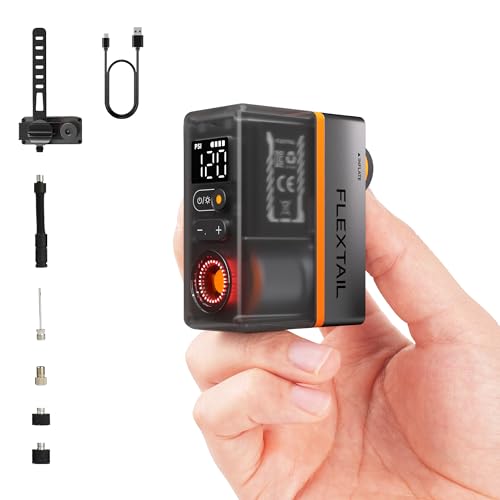 FLEXTAILGEAR Mini Bike Tire Pump with Gauge & Professional Taillight, 120 PSI Portable Electric Bicycle Pump with Presta and Schrader Valve for Road and Mountain Bikes, Motorcycle, Balls