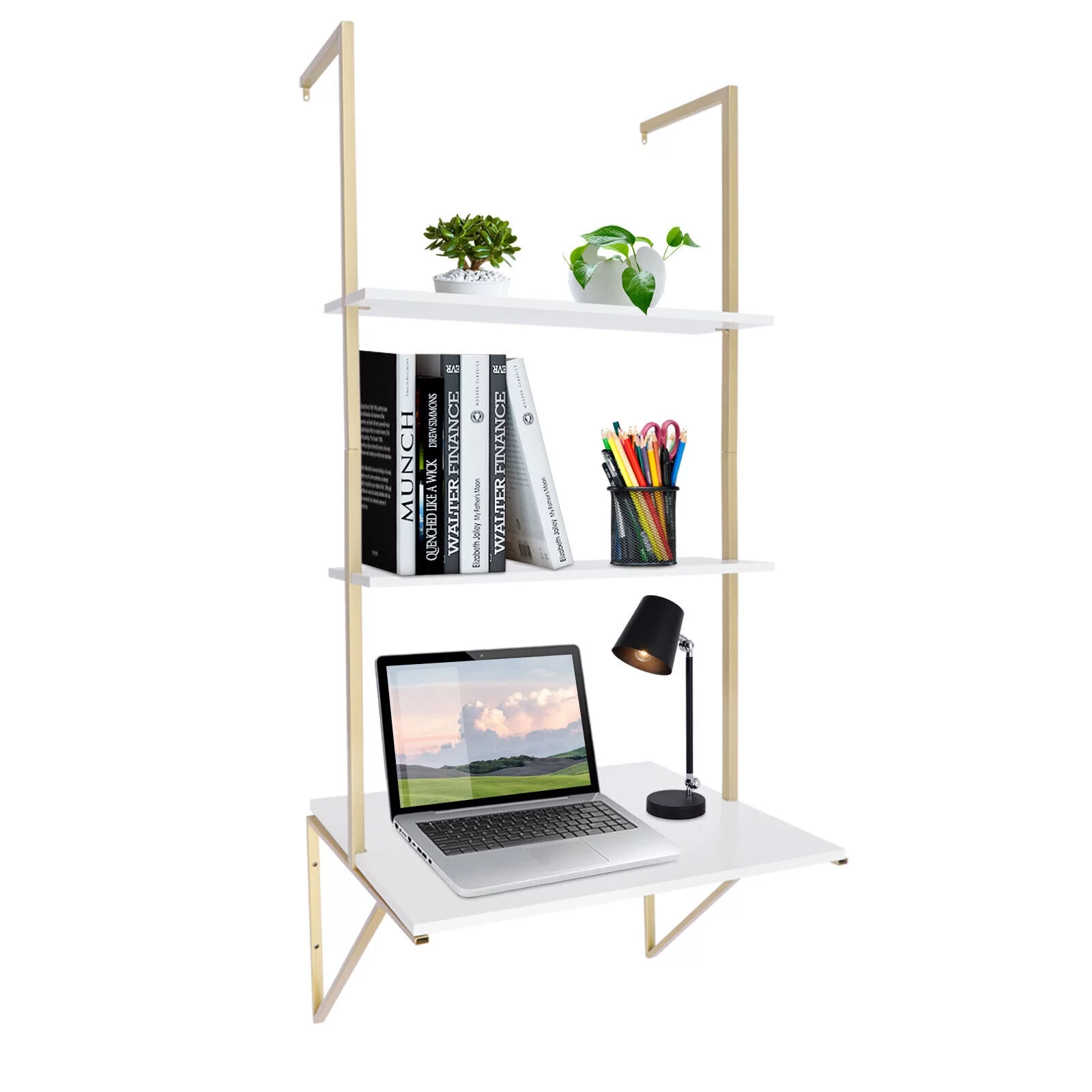 Wall-mounted Desk 3 Tier White Ladder Desk Max. Load: 20kg/44.09lbs W/Brackets 3-Tier Ladder Shelf Bookcase Bookshelf Drawers Wall Mount Living Room Bedroom Wall Mount Ladder Desk