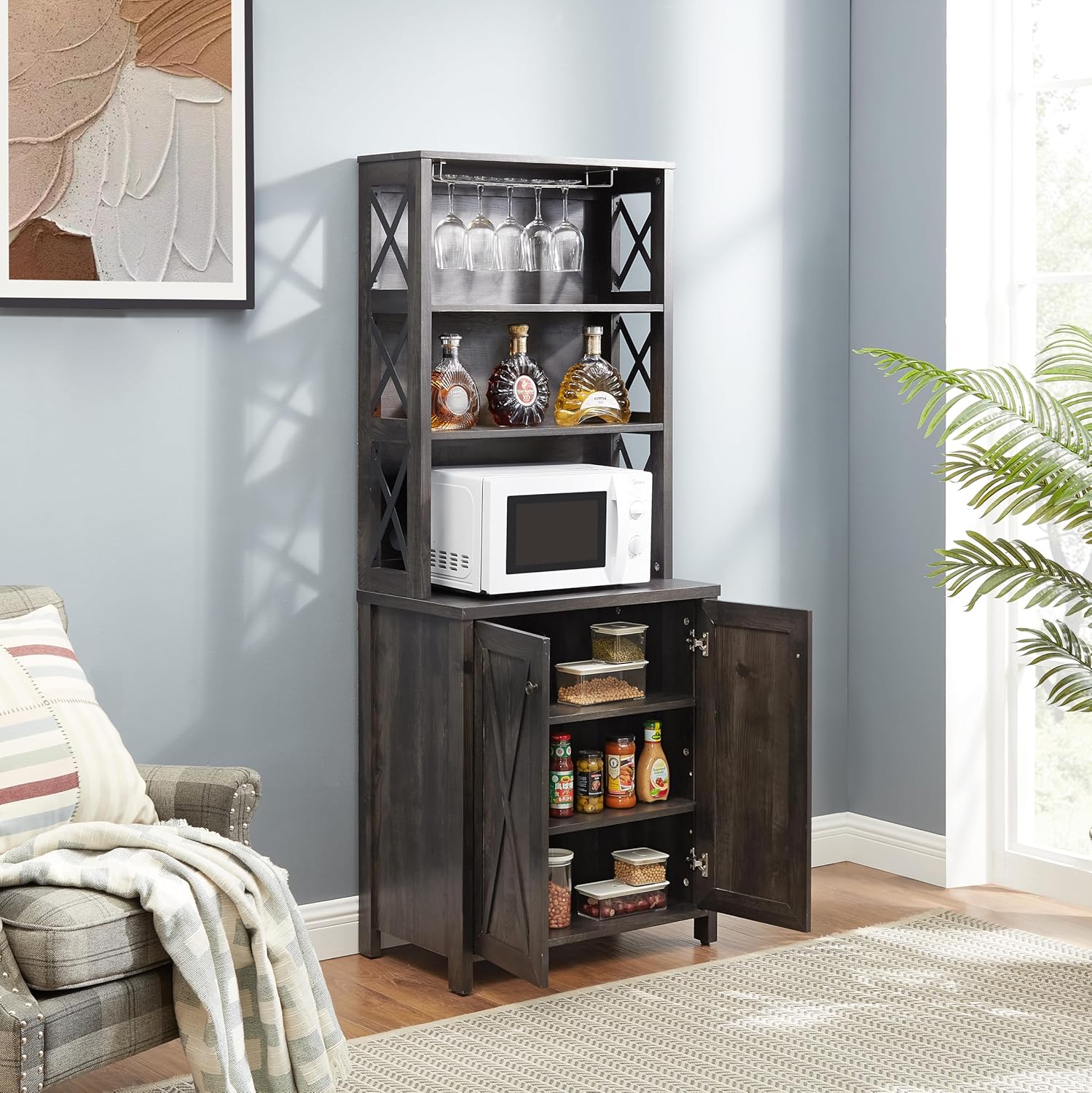 CHARMMA Coffee Bar Cabinet Kitchen Cabinet with Microwave Stand Metal Frame Side Home Source Bar Cabinet Cabinet and Hollow out Barn Design Wood Cabinet L26.77''*W15.75''*H67.32'' Charcoal Gray