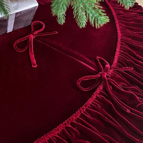 60-Inch Ruffled Velvet Christmas Tree Skirt with Foam Padding, Nylon Backing and Lace-Up Tie Closure, Burgundy