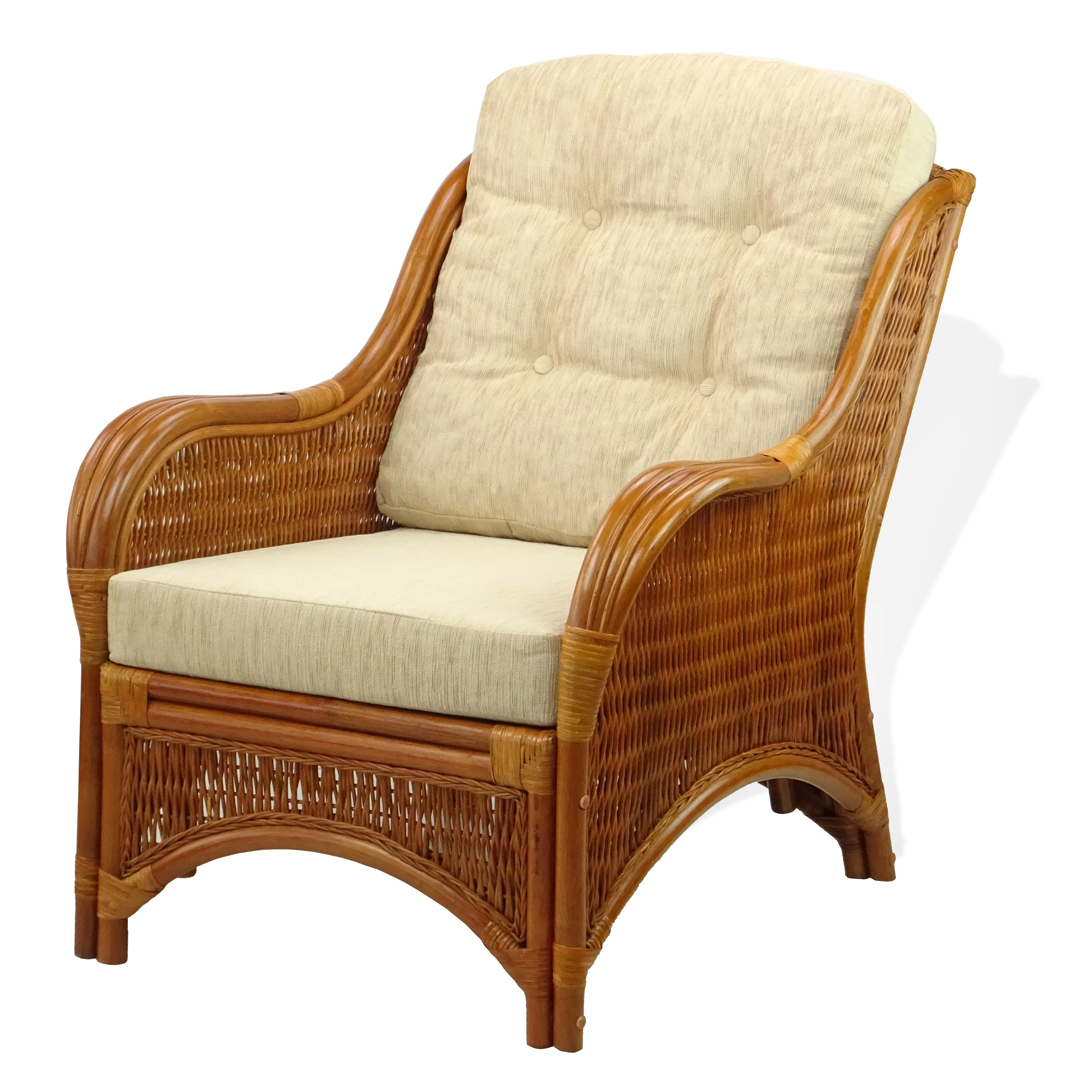 SK New Interiors Jam Lounge ArmChair ECO Natural Rattan Wicker Handmade Cream Cushions, Colonial Color