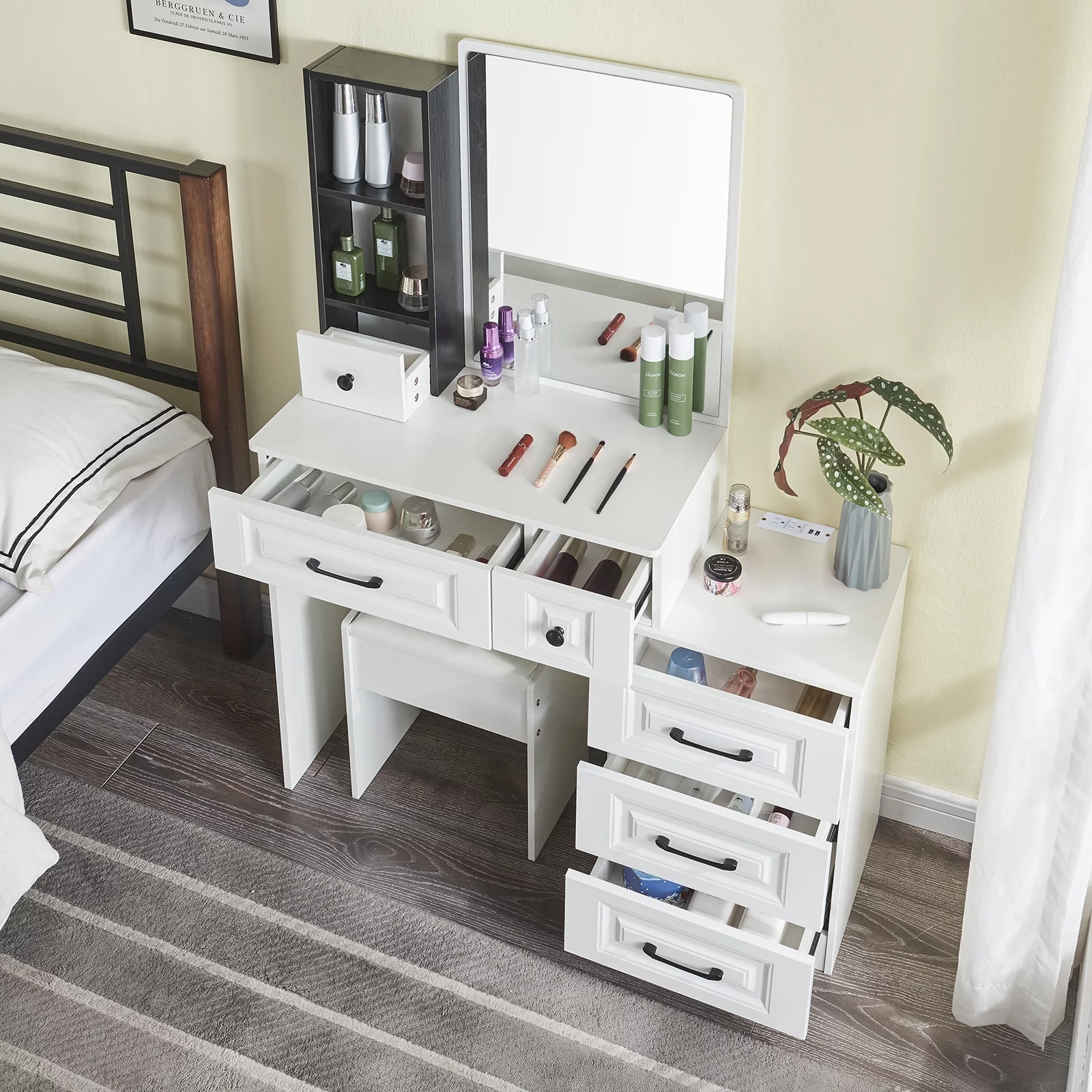 Vanity Makeup Table Set w/ 10LED Mirror & USB Charging Station Drawers Stool