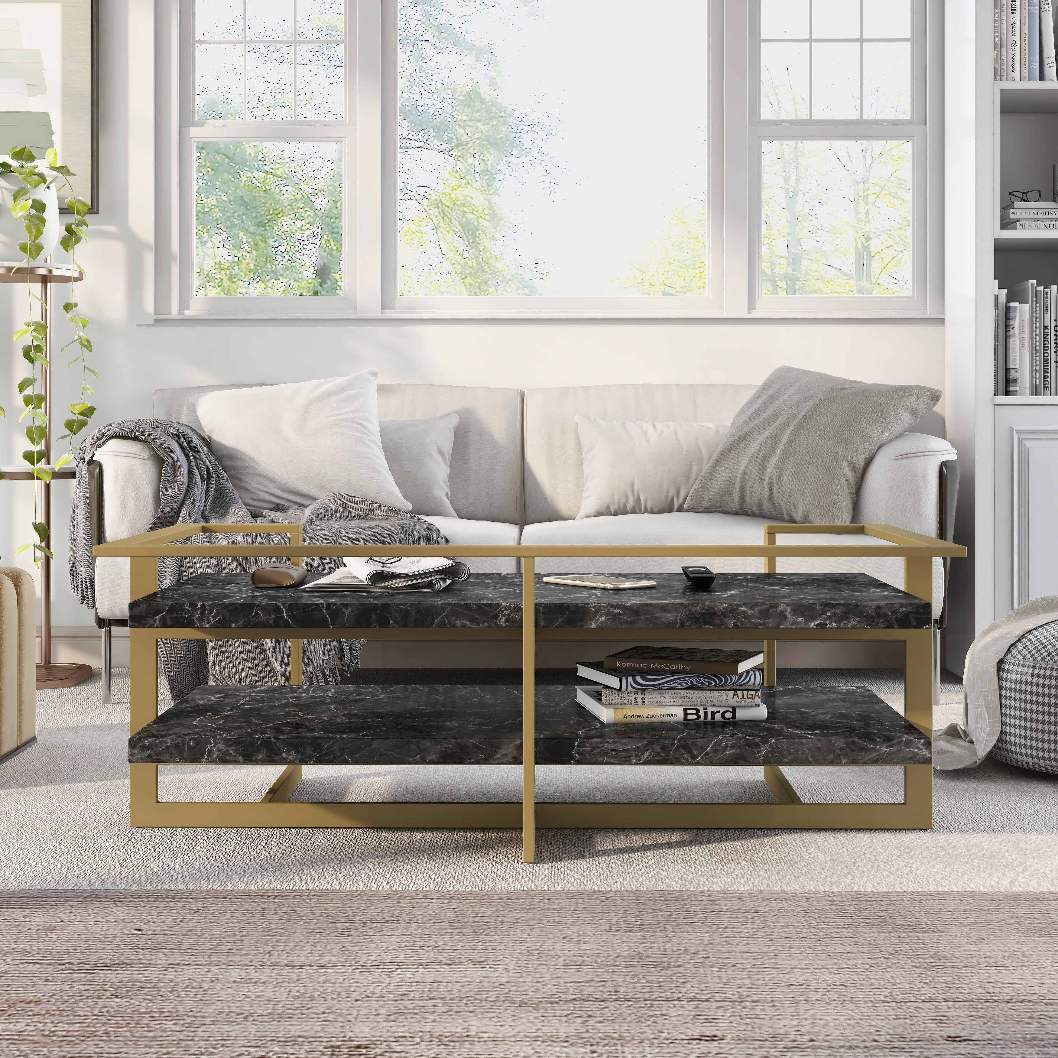 Furniture of America Lovell Glam Gold and Black 51-inch Faux Marble 1-Shelf Coffee Table by