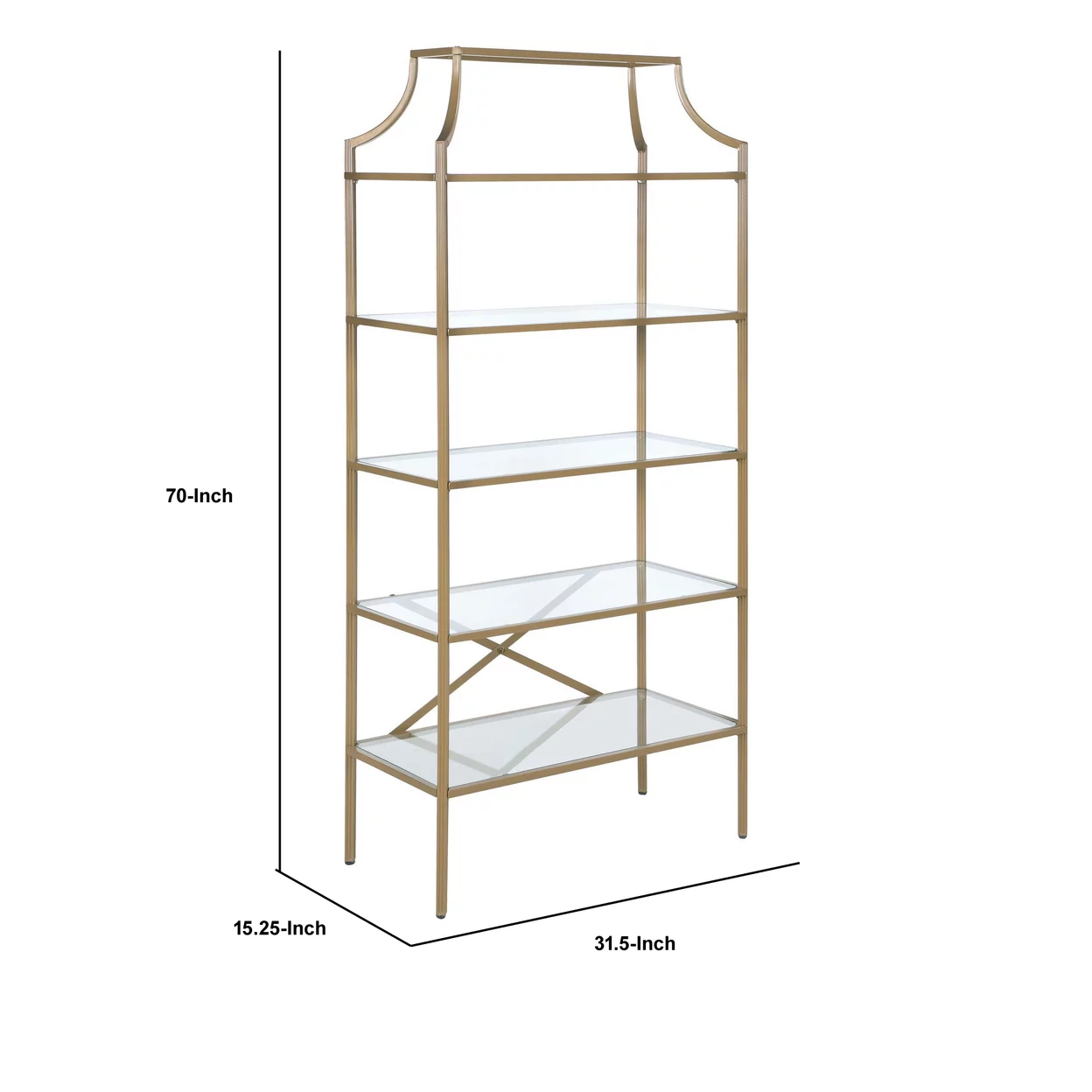 Bookcase with 5 Tempered Glass Shelves and Metal Frame, Gold