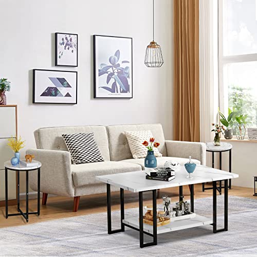AWQM Coffee Table Set of 3, Faux Marble Coffee Table with 2 Round End Side Tables, Modern Living Room Table Set with Metal Frame for Apartment Home Office, White Black