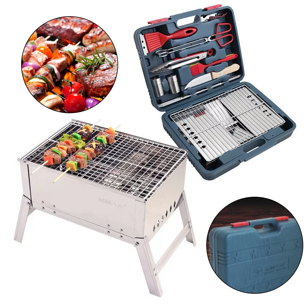 Foldable Portable BBQ Grill Outdoor Charcoal Stove - Stainless Steel Camping Cooker Folding Oven