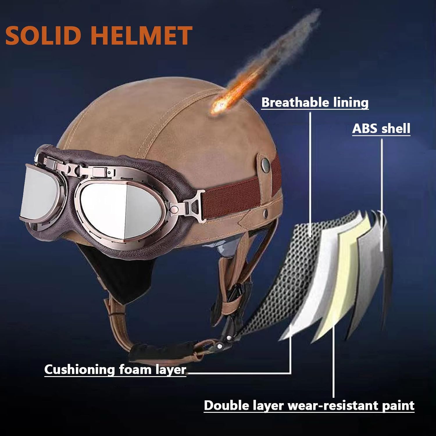 Retro Street Motorcycle Helmet for Men & Women Classic Vintage Open Face Leather Half Helmet DOT Certified for Cruiser Moped Chopper Jet Scooter ATV, Brown (53-60cm)