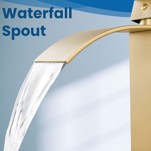 Airuida Brushed Gold Tall Waterfall Bathroom Vessel Sink Faucet Modern Bathroom Vanity Faucet Single Handle Single Hole Farmhouse Bar Mixer Tap Washbasin Faucet Deck Mount