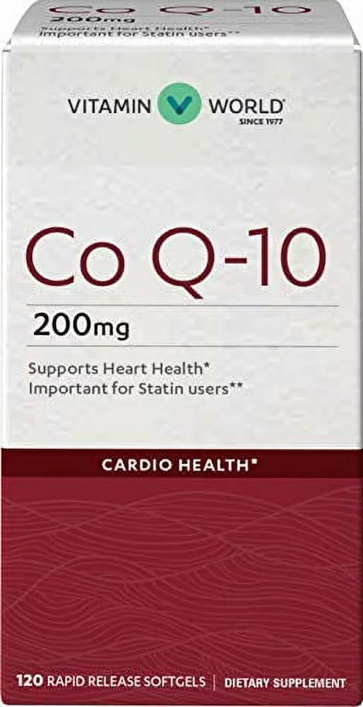 Vitamin World Co Q-10 200 mg. 120 Softgels, Heart Health, Cardio Support, Rapid-Release, Gluten-Free
