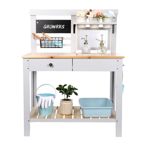 Potting Bench Table Wooden Outdoor Garden Table Work Station Outdoor Garden Work Bench Platform with Removable Sink Hooks 3 Side Flower Pots Natural Wood White