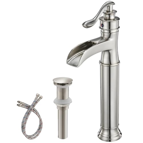 Homevacious Vessel Sink Faucet Tall Bathroom Faucets Waterfall Brushed Nickel Brass Single Handle 1 Hole with Pop Up Drain and Supply Line Farmhouse Lavatory Vanity