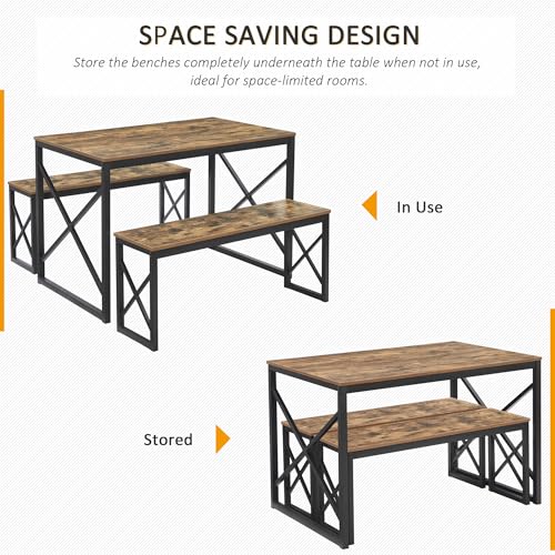 VECELO Kitchen Table with 2 Benches for 4, 43.3'' Wood Dining Room Dinette Sets with X Metal Frame for Breakfast Nook and Small Space, Brown