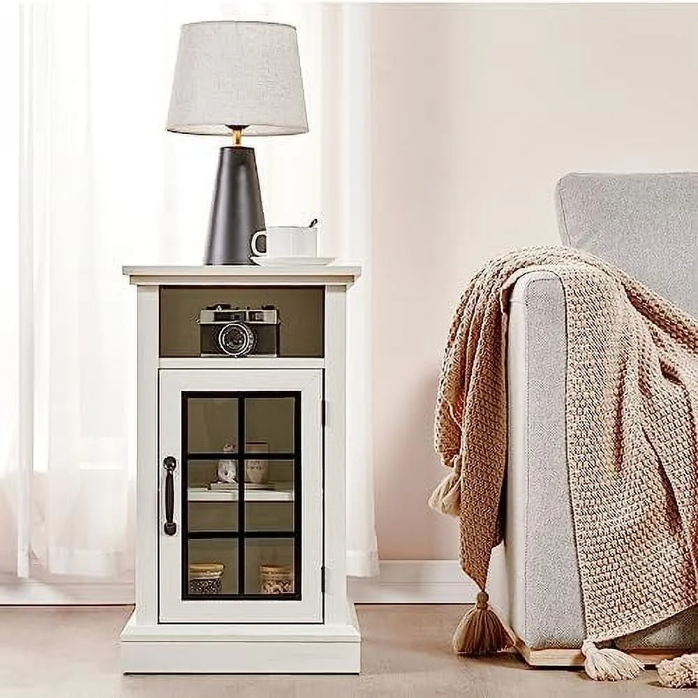 Set of 2 End Table with Charging Station&USB Ports   Side Table Cabinet with Glass Door for Living Room  Bedroom  Distressed White