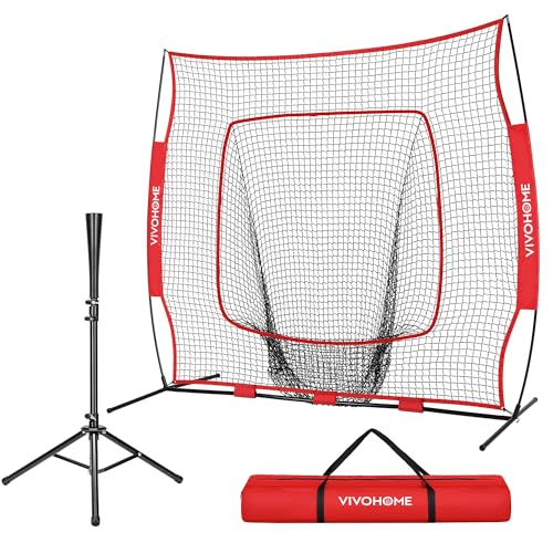 VIVOHOME Baseball Softball Batting Net - 7x7 Ft Baseball Backstop, Softball Practice Net for Hitting, Pitching, Throwing with Batting Tee and Carry Bag
