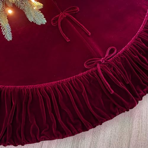 60-Inch Ruffled Velvet Christmas Tree Skirt with Foam Padding, Nylon Backing and Lace-Up Tie Closure, Burgundy
