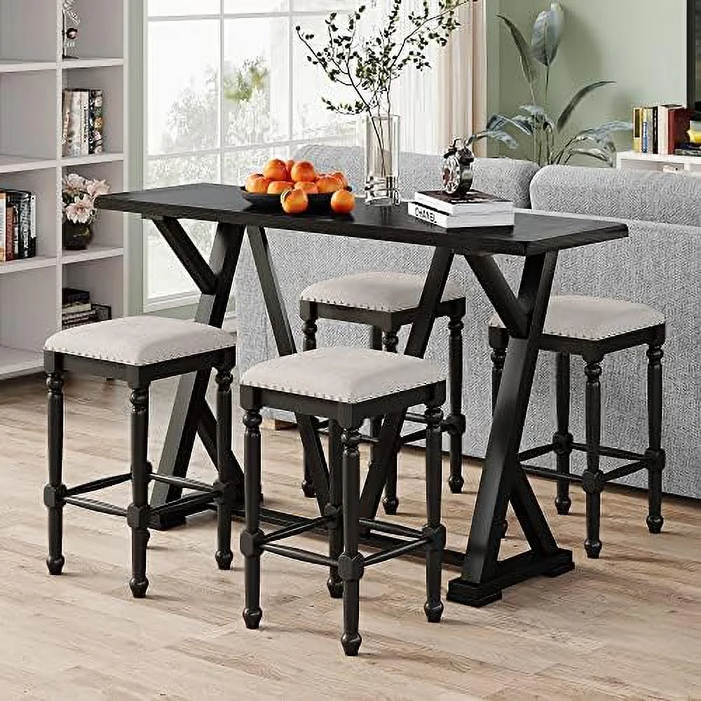 HJZBNONE Height 5-Piece Dining Set  Wood Dining Table Sets with Restle Legs and 4 Stools 5-Piece Console Table Set for Kitchen  Dining Room  Small Space Black
