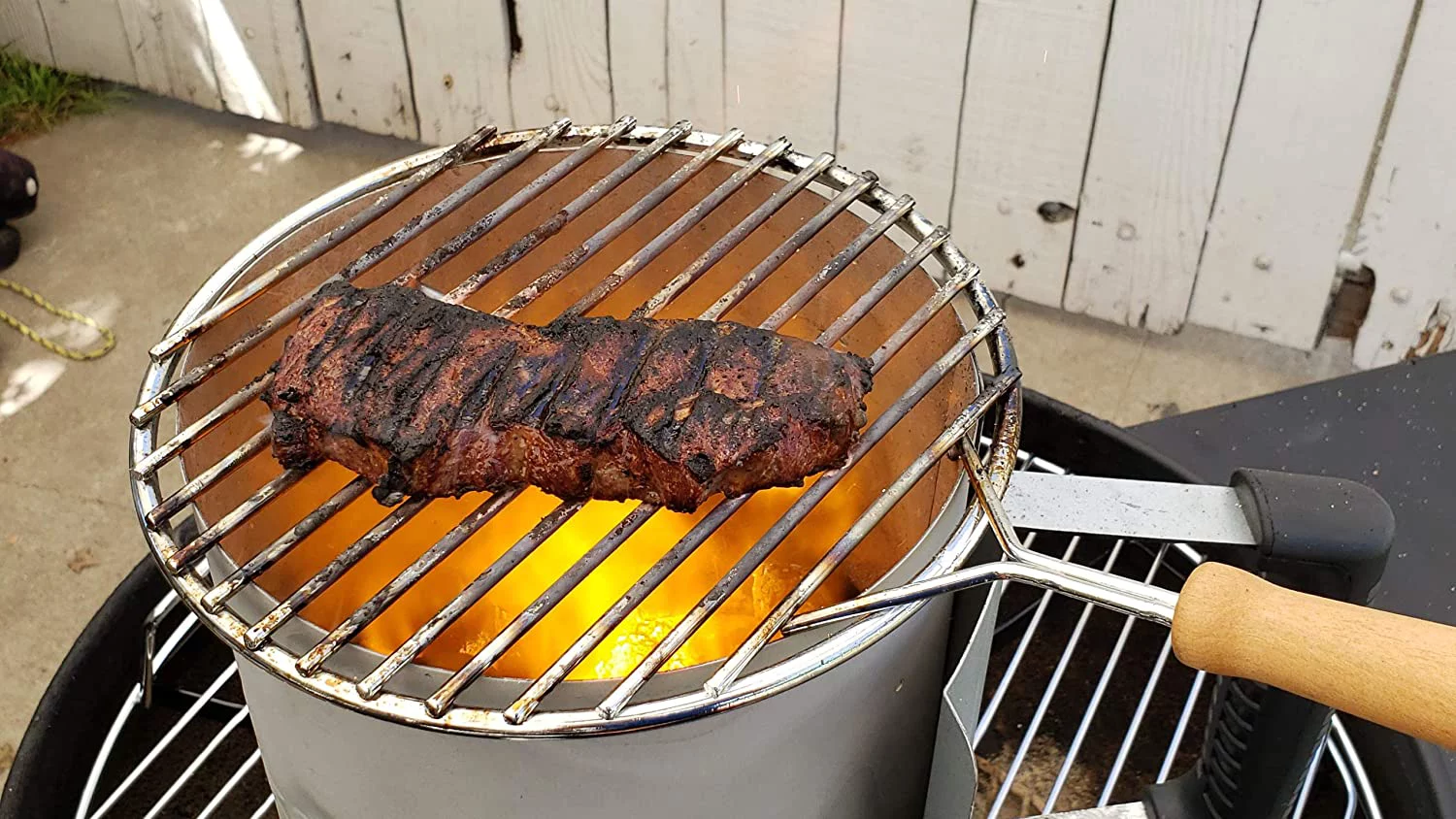 BBQ Dragon Cooking Grate for Charcoal Chimneys, Sears Meat in Seconds for Sous Vide, Flames are Ready for Grilling in Minutes - Solid Wood Handle, Grill Grate Turns Chimney Starter into Charcoal Grill