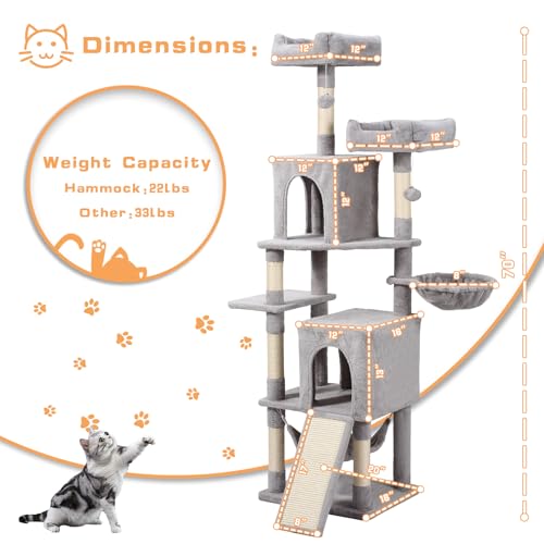 Cat Tree, 70-Inch Cat Tree Tower with Hammock, Scratching Post, Condo and Multi-Level Cat Tower, Large Cat Activity Center Playhouse, Light Gray LCT015
