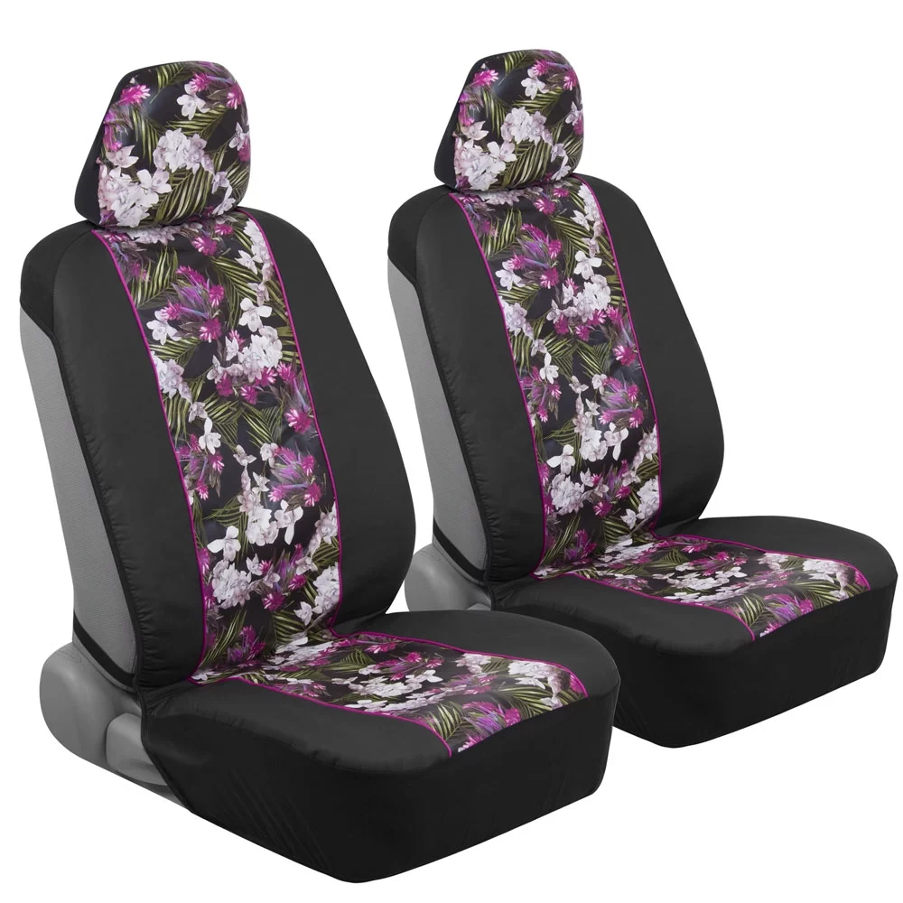 BDK Catalina Flower Seat Covers for Car SUV Truck - Sideless Seat Style Compatible with Armrest & Airbag - Universal Fit 2 Sets