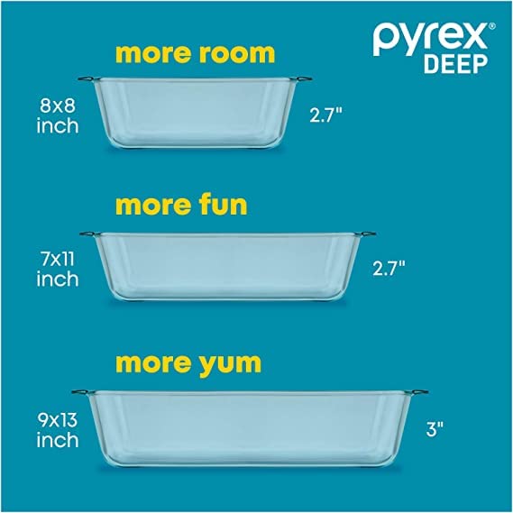 Pyrex Deep Glass Baking Dish with Plastic Lid, Deep Casserole Dish, Glass Food Container, Oven, Freezer and Microwave Safe, Clear Container, 8x8