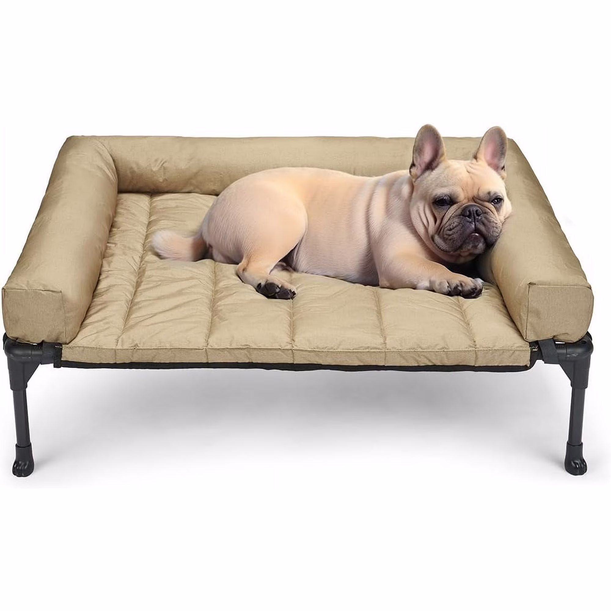 Cooling Elevated Dog Bed Add Removable Waterproof Bolster Cushion Mat, Raised Pet Cot with Breathable Teslin Mesh, No-Slip Feet, Dog Couch Bed for Indoor Outdoor, 32x25inches, Beige,