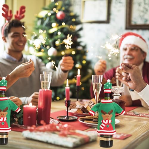 Christmas Wine Bottle Cover Set, Ugly Christmas Elk Sweater Wine Bottle Cover with Hat Knitted Champagne Dress for Xmas Christmas Party Holiday Table Centerpieces Decorations