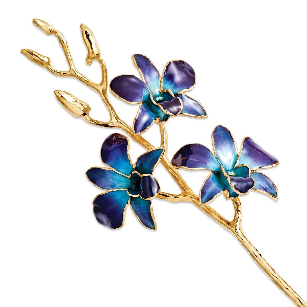 Lacquer Dipped Gold Trimmed Purple/Blue Real Orchid Stem QGM8315