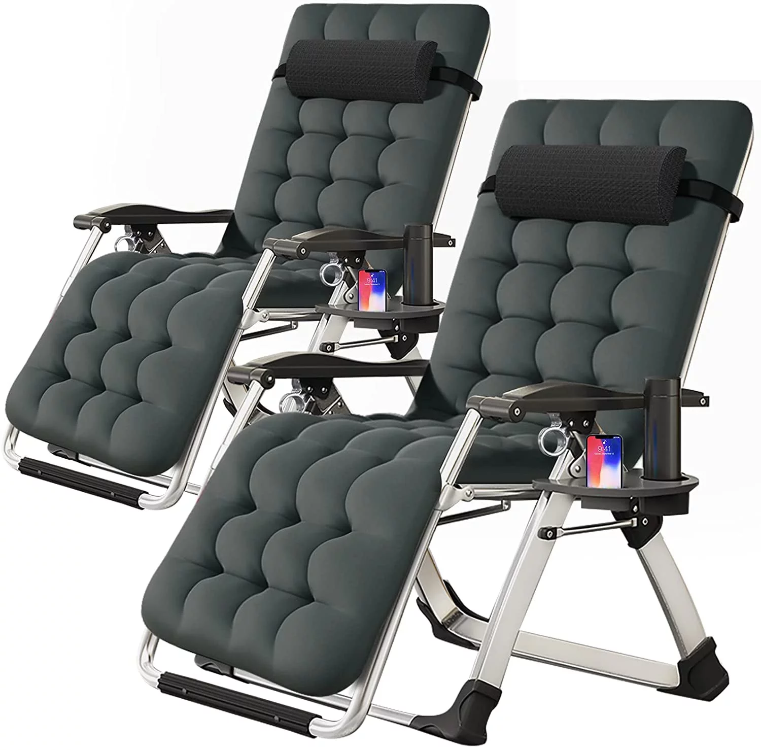 Docred Zero Gravity Chair Set of 2 gray Antigravity Outdoor Patio Lawn Lounge Beach Pool Folding Recliner with Adjustable Pillows and Cup Holder Trays
