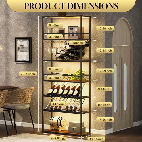 Merax Wine Rack with LED Lights & Glass Holder, Contemporary Freestanding 7-Tier Tall Bar Cabinet, Luxury Kitchen Furniture for Liquor Storage, Black Gold