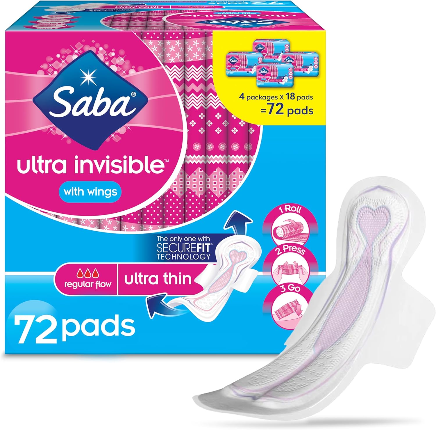 Saba Ultra Invisible Ultra Thin Pads with Wings, 72 Count