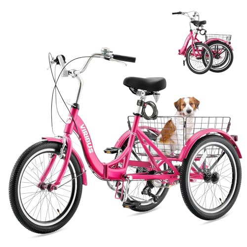 Viribus Folding Adult Tricycle 7 Speed, 20 inch Folding Tricycle for Adults with Dual Chain, 3 Wheel Bike with Lock, Foldable Trike Collapsible Three Wheel Bike Women Senior, 330lb. Deep Pink
