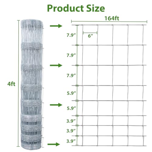 ROOMTEC Farm Wire Fencing 4×164ft Woven Galvanized Cattle Panel Rolls of Heavy Zinc Coating for Cattle, Goat, Livestock