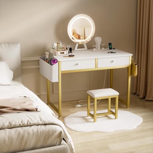 Makeup Vanity Desk with Mirror and Lights - Girls White and Gold Vanity Table Set with Chair, Fabric Drawers, Power Outlet, Small Modern Make Up Dressing Table for Bedroom