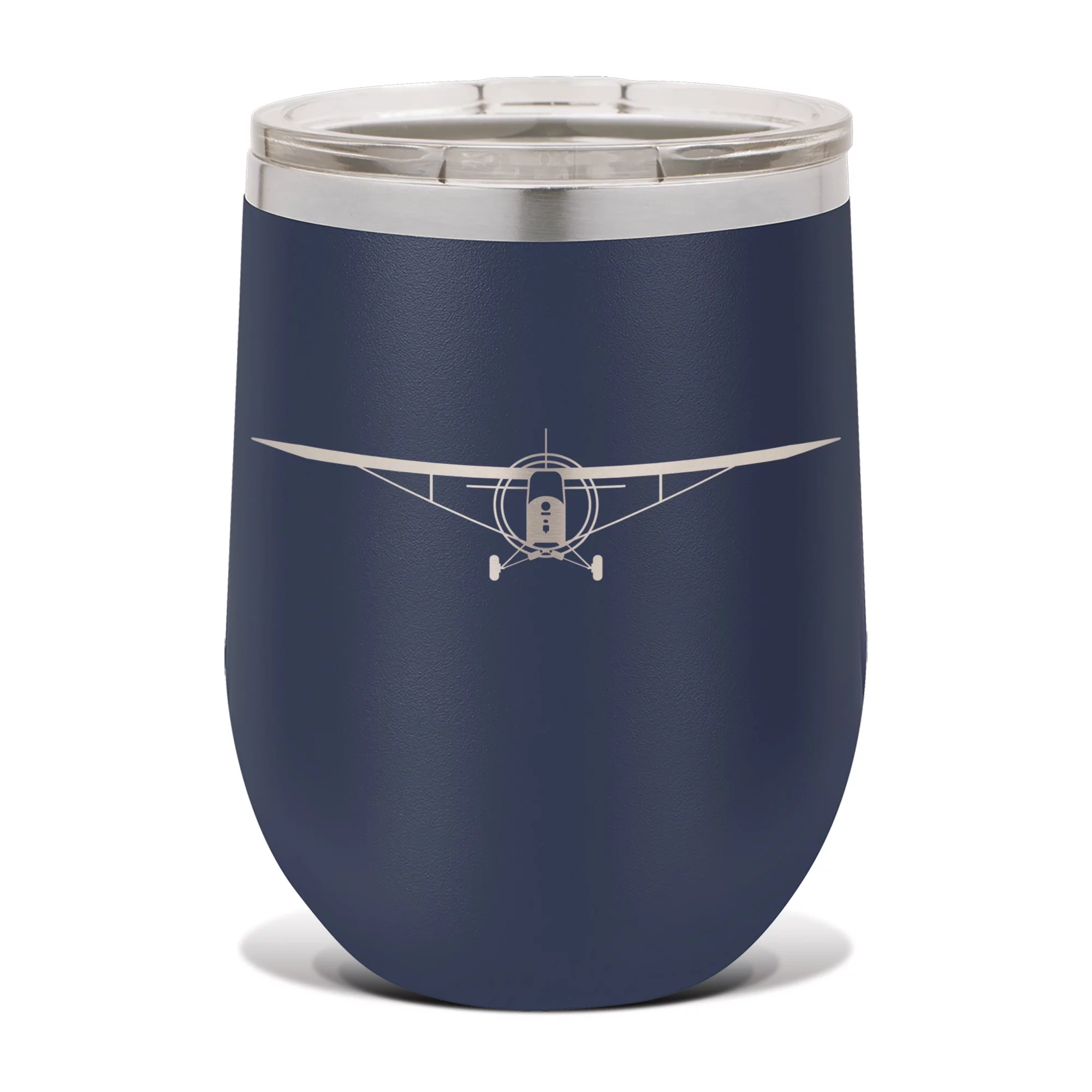 J-3 Cub Wine Tumbler 12 oz - Laser Engraved - Polar Camel - Stainess Steel - Vacuum Insulated - Double Walled - Wine Glass - Stemless - Drinkware Clear Lid - j3 light aircraft - Navy