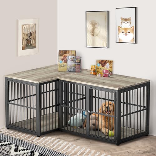 86.62''Dog Crate Furniture Large Breed TV Stand with Double Rooms,Wooden Dog Kennel Dog Crate End Table with Removable Divider for Large Medium Dogs, Can Use Separately, Brown
