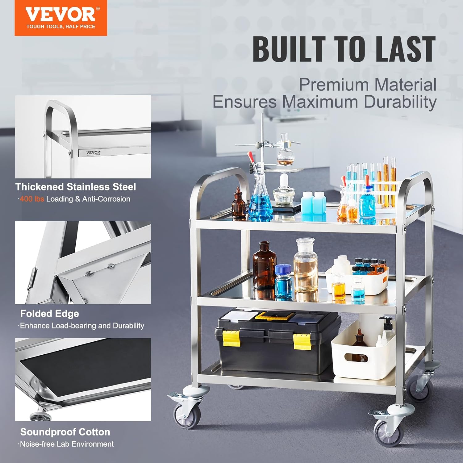 VEVOR Lab Utility Cart, 220 lbs Weight Capacity Rolling Lab Cart, 3 Shelves Mobile Clinic Cart, Sturdy Stainless Steel Frame Lab Trolley, 360° Silent Rolling Wheels w/Foot Brake, for Lab Clinic Salon