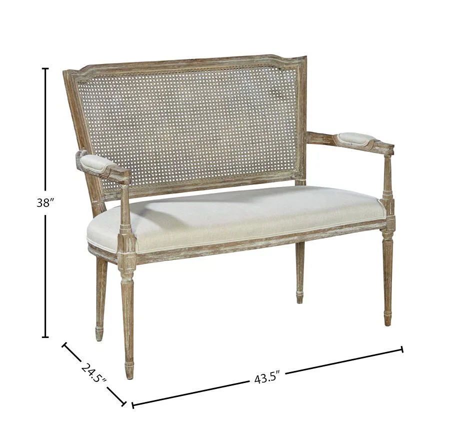 Vineland Victorian Oak & Cane Settee with Linen Upholstery