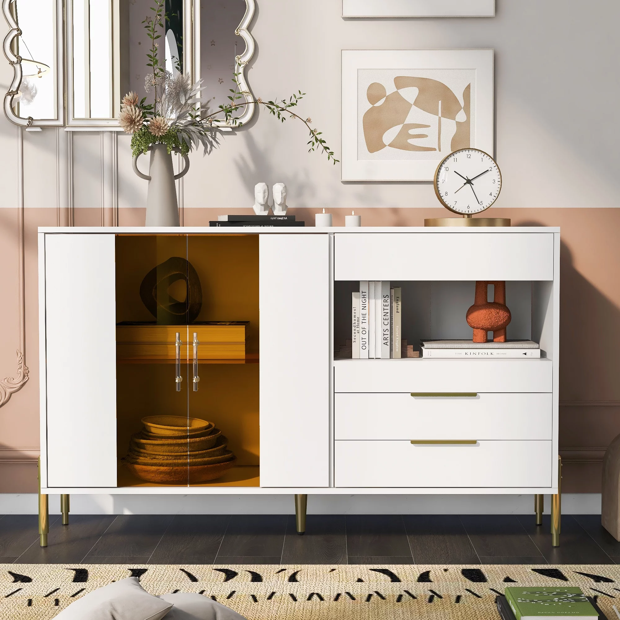 U_Style Storage Cabinets with Acrylic Doors, Light Luxury Modern Storage Cabinets with Adjustable Shelves, Accent Cabinet Buffet Cabinet for Living Room, Entryway Description