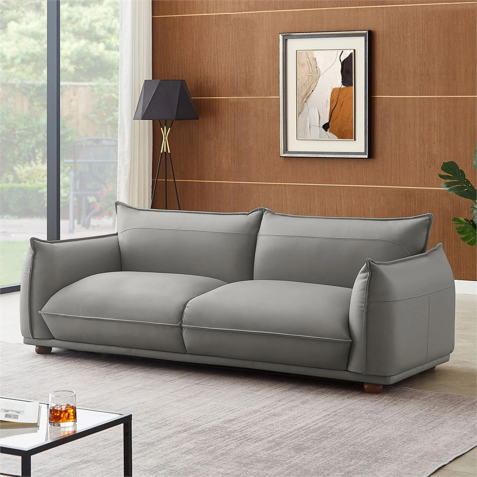 Maner Mid-Century Modern Luxury Living Room Couch in Gray Leather