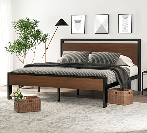 SHA CERLIN 14 Inch Full Size Metal Platform Bed Frame with Wooden Headboard and Footboard, Mattress Foundation, No Box Spring Needed, Large Under Bed Storage, Non-Slip Without Noise, Black Oak
