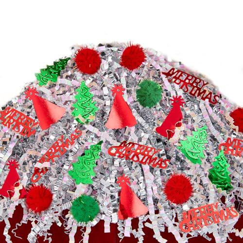 PAPER FAIR 1LB Metallic Red Green Christmas Crinkle Cut Paper Shred Filler w/Tree & Snowflake Confetti, Gift Wrap Packaging Raffia Tissue Strand, Craft Bedding Cushion, Winter Birthday Box Basket
