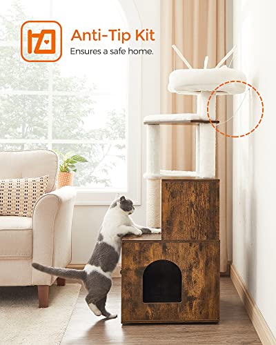 Feandrea Cat Tree with Litter Box Enclosure, 2-in-1 Modern Cat Tower, 55.1-Inch Cat Condo with Scratching Posts, Removable Pompom Sticks, Rustic Brown UPCT113X01