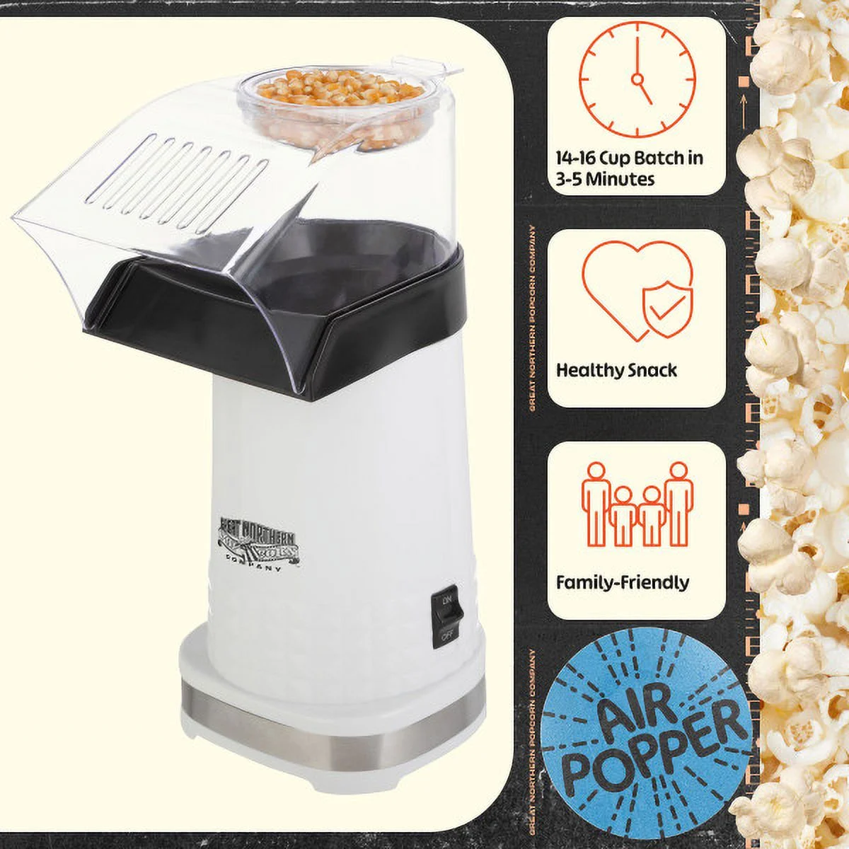 Great Northern Popcorn 1200W Oil-Free Air Popper Popcorn Machine, White