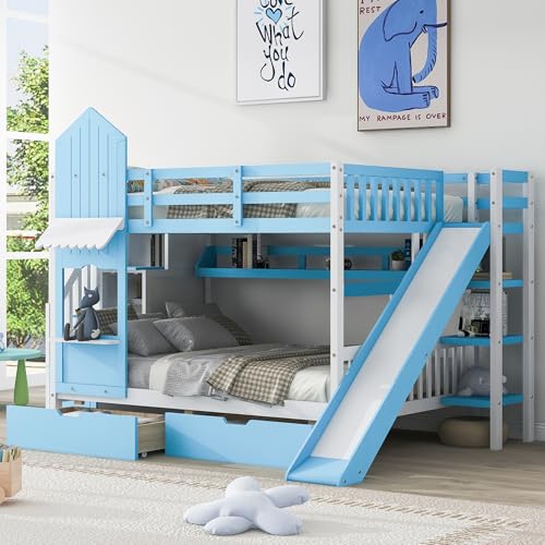 Harper & Bright Designs Twin Over Twin Bunk Bed with Stairs and Slide, Solid Wood Bunk Bed Frame with Storage Drawers and Bookshelf, for Kids Teens Girls Boys (Gray)