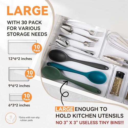 6 Pack Large Clear Plastic Drawer Organizer Trays, Acrylic Kitchen Drawer Organization and Storage Dividers, Non-Slip Storage Bins for Makeup, Kitchen Utensils, Bathroom, Jewelries and Office Desk