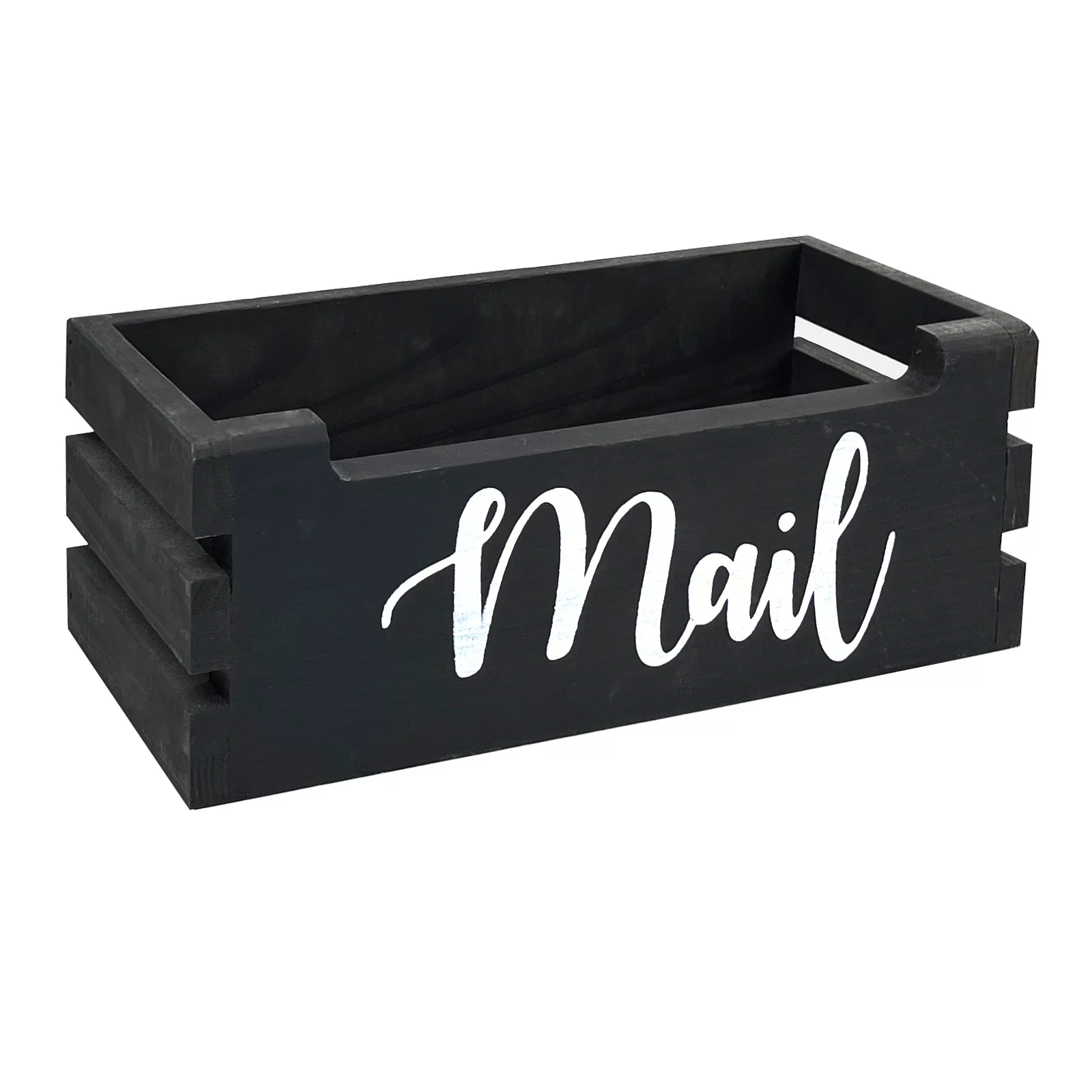 Rustic Wood Mail Holder Storage Box, Mail Letter Holder, Farmhouse Mail Organizer Countertop, Desktop Organizer Bin with Mail Script Design - Black