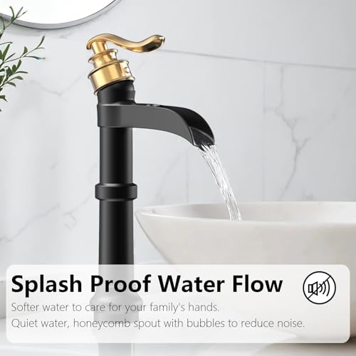 Vessel Sink Faucet, Oil Rubbed Bronze Black Bathroom Faucet, Farmhouse Waterfall Sink Faucet Single Hole with Pop Up Drain Assembly Without Overflow One Hole Mixer Tap Deck Mount