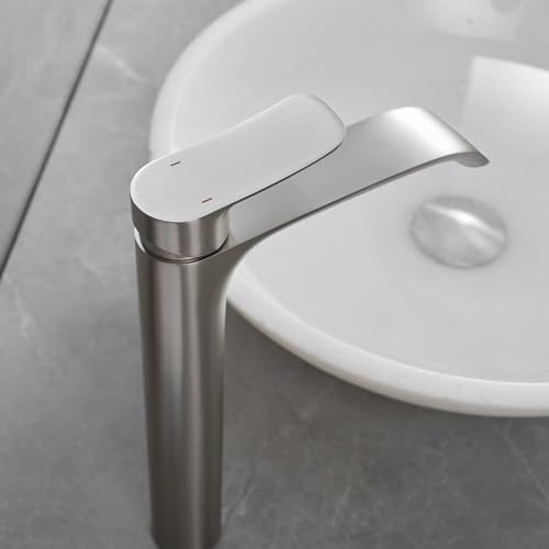 Tall Vessel Sink Faucet Bathroom Waterfall Faucet Brushed Gold Finished Single Handle Matte Black Vanity Bathroom Faucet Basin Mixer Tap with Water Supply Hose and Pop Up Sink Drain